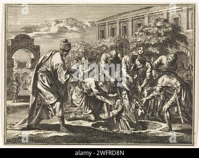 Jeremiah zog aus der Grube, Jan Luyken, 1712 Druck Amsterdam Papier ätzend Jeremiah wird aus dem Kerker entlassen Stockfoto