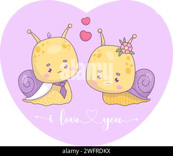 Niedliches Liebespaar Schnecken Mädchen und Junge mit Herz. Valentinskarte Ich liebe dich. Lustige Karikaturinsekten Kawaii-Charaktere. Vektorabbildung Stock Vektor