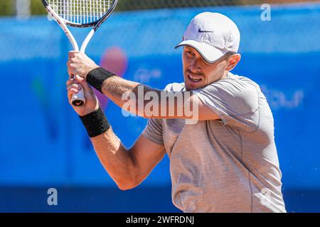 Colin Sinclair von den Nördlichen Marianen in Aktion während des Viertelfinals des ITF M25 Canberra Claycourt International #1 Turniers 2023 Stockfoto