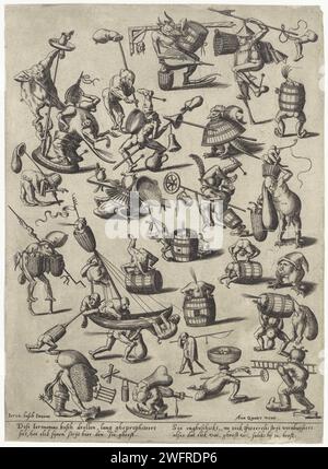 Verschiedene Fantasy-Figuren, Anonym, nach Jheronimus Bosch, 1570 - 1601 drucken verschiedene Fantasy-Figuren mit meist äußeren Merkmalen einer Person. Einige Wesen haben auch tierische Eigenschaften. Alle Figuren sind mit einem oder mehreren Objekten wie einer Tonne, einer Rute und einem Boot dargestellt. Unter der Aufführung am Rand ein vierzeiliger Text in Niederländisch. Print Maker: Low CountriesAfter Design by: Den Boschpublisher: Antwerpener Papier graviert Monster gemischter menschlicher und tierischer Gestalt; 'Mostri' (Ripa). Menschen (legendär oder nicht) von ungewöhnlichen Proportionen, Größe, Stärke usw. Anthropomorphe Wesen (Bein Stockfoto
