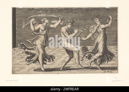Dancend Sater EN Maenaden, Marcantonio Raimondi, nach Agostino Veneziano, nach Rafaël, in ODER nach 1516 drucken Einen sater und zwei maenaden gehen nach rechts tanzen. In der Mitte spielt der Sater de Aulos (Doppelflöte) seine Stirn mit Efeu. Links und rechts die beiden tanzenden Maenaden. Druckerei: Italien Druck von: Italien Zeichnung von: Italien Verlag: Rom Papierstich Satyrs, Faun, Silen. Maenad(s), weibliche Bacchant(s). Flöte, Stämme. Tanzen Stockfoto