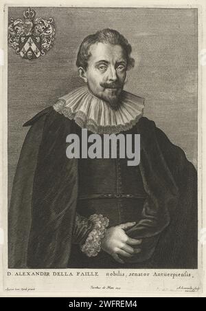 Porträt von Alexander de la Faille, Adriaen Lommelin, nach Anthony Van Dyck, 1676–1719 Druck Porträt von Alexander de la Faille, Berater in Antwerpen, mit Wappen in der linken Ecke. Antwerpener Papiergravur Stockfoto