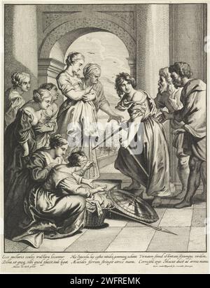 Achilles und die Töchter von Lycomedes, Frans van den Wijngaerde, nach Anthony Van Dyck, 1636–1679 drucken die Töchter von Lycomedes sind über einen Korb mit Schmuck gebeugt, während Achilles, verkleidet als Frau, sein Schwert zieht. Achilles wird von zwei Männern gegriffen, sein Schild und ein Speer zu seinen Füßen. Am Rand eine sechszeilige Beschriftung in zwei Spalten auf Lateinisch. Antwerpener Papiergravur / Ätzung Achilles entdeckt unter den Töchtern von Lykomedes, d.h. Achilles auf Scyros: Wenn Geschenke gebracht werden, greift Achilles die Waffen und verrät damit seine Identität Stockfoto