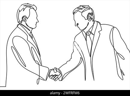 Eine Zeilenzeichnung von zwei Geschäftsleuten im Koffer, die Hand schütteln und einem Projekt zustimmen. Einzeilige Zeichnung des Geschäftskonzepts. Vektorabbildung Stock Vektor