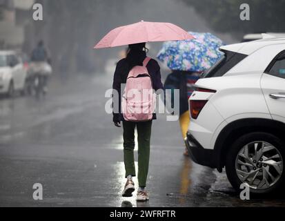 NOIDA, INDIEN - JANUAR 31: Pendler bei leichtem Regen im Winter, am 31. Januar 2024 in Noida, Indien. Es gab leichten Regen in Delhi NCR an einem kalten Tag, was die starke Kälte in Nordindien verstärkte. Heute wird es leichten Regen in Delhi-NCR geben. Laut IMD betrug die Mindesttemperatur 11 Grad Celsius. (Foto: Sunil Ghosh/Hindustan Times/SIPA USA) Credit: SIPA USA/Alamy Live News Stockfoto