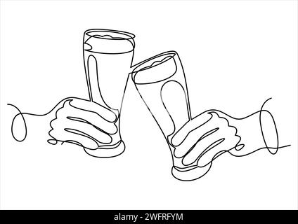 Zwei Hände halten ein Glas Bier auf der Party. Hängen Sie mit einem Freund ab. cheers klirend. Durchgehende einzelne gezeichnete Linie Stock Vektor