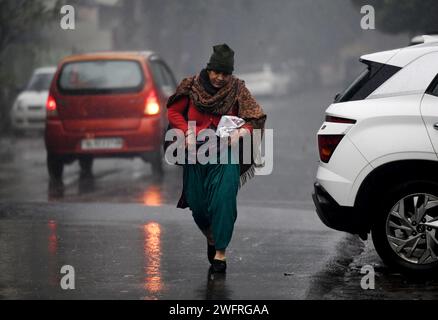 NOIDA, INDIEN - JANUAR 31: Pendler bei leichtem Regen im Winter, am 31. Januar 2024 in Noida, Indien. Es gab leichten Regen in Delhi NCR an einem kalten Tag, was die starke Kälte in Nordindien verstärkte. Heute wird es leichten Regen in Delhi-NCR geben. Laut IMD betrug die Mindesttemperatur 11 Grad Celsius. (Foto: Sunil Ghosh/Hindustan Times/SIPA USA) Credit: SIPA USA/Alamy Live News Stockfoto