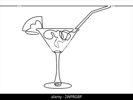 Durchgehende Linienzeichnung. Weinglas mit Cocktail und Zitrone. Handgezeichnete Vektorgrafik. Stock Vektor