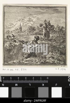 Mann gräbt eine tiefe Grube auf der Suche nach Senfsamen, Jan Luyken, 1711 Druck Amsterdam Papier ätzt Senf. Grube, Loch. Suche nach Schätzen oder Suche nach Schätzen Stockfoto