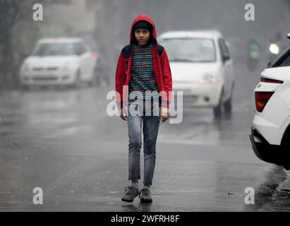 NOIDA, INDIEN - JANUAR 31: Pendler bei leichtem Regen im Winter, am 31. Januar 2024 in Noida, Indien. Es gab leichten Regen in Delhi NCR an einem kalten Tag, was die starke Kälte in Nordindien verstärkte. Heute wird es leichten Regen in Delhi-NCR geben. Laut IMD betrug die Mindesttemperatur 11 Grad Celsius. (Foto: Sunil Ghosh/Hindustan Times/SIPA USA) Credit: SIPA USA/Alamy Live News Stockfoto