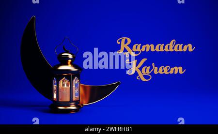 Ramadan Kareem Hintergrund mit goldener Laterne und Halbmond, 3D-Rendering. Muslimischer Heiliger Monat Ramadan Kareem Tapetendesign. Stockfoto