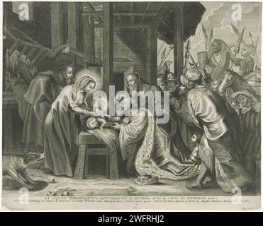 Anbetung der Könige, Adriaen Lommelin, nach Peter Paul Rubens, 1663 Druck in einem Stall, Maria und Joseph zeigen das Christuskind den drei Weisen. Die drei bieten dem Kind ihre Geschenke an. Auf der rechten Seite sehen die Mitglieder ihre Umgebung. Am Rand ein zweizeiliger Text in lateinischer Sprache. Antwerpener Papierstich Anbetung der Könige: Die Weisen überreichen ihre Geschenke an das Christuskind (Gold, Weihrauch und Myrrhe) Stockfoto