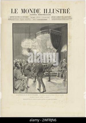 Zeitung mit einem artikel über die Beerdigung von Wilhelm III., König der Niederlande, am 4. Dezember 1890, 1890 Zeitung mit einem artikel über die Beerdigung von Wilhelm III. Am 4. Dezember 1890. Neun Performances und Säulen und Rahmen mit französischem Text im Buchdruck. Frankreich (möglicherweise) Papier-Buchdruck Grabstätte Zeremonial Noordeinde Palace. Neue Kirche Stockfoto