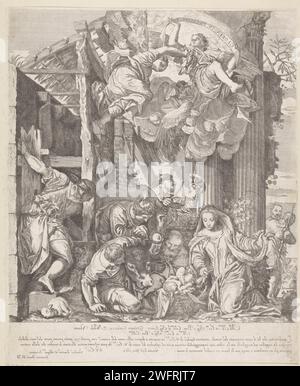 Anbetung durch die Hirten, Giacomo Barri, nach Paolo Veronese, 1667 Druck unter dem Dach eines alten Holzstalls, Maria kniet und das Christkind in der Krippe zeigt eine Gruppe von Hirten. Mit dem Ochsen und dem Esel. In der Luft Engel, von denen eine Banderole mit dem Text: Gloria in Excelsis d [eo] in den Händen hält. Druckerei: Italien Malerei von: Romejater Design von: Rom Papierätzung / Gegenbeweis Anbetung des Christuskindes durch die Hirten; Maria und Josef anwesend Stockfoto