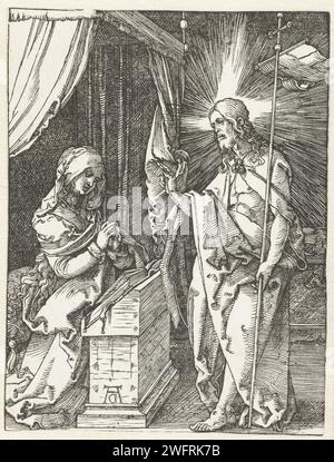 Christus erscheint seiner Mutter, Albrecht Dürer, 1510 Druck Christus grüßt seine Mutter Maria, die für einen Leser kniet. Dieser Druck ist Teil der Presseserie „de kleine Passie“, die aus einem Titeldruck und 36 biblischen Szenen (hauptsächlich aus der leidenden Geschichte) besteht. Nürnberger Zeitung Christus, vielleicht als Pilger gekleidet, erscheint seiner Mutter, die gewöhnlich betend gezeigt wird Stockfoto