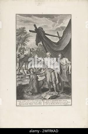 Eliezer verspricht, dass er eine Frau für Isaac finden wird, Gilliam van der Gouwen, nachdem Gerard Hoet (I), 1728 Druckschrift Eliezer, der Diener Abrahams, einen Eid schwört und verspricht, für Isaac eine Frau zu finden (1. Mose 24,9). Im Hintergrund bereiten andere Diener Kamele für die Reise vor. Der Druck hat hebräische, lateinische, französische, englische, deutsche und niederländische Untertitel. Printmacher: Amsterdampublisher: Der Haager Papierstich Eliezer schwört: Abraham schickt ihn zu seinen Verwandten nach Mesopotamien, um eine Frau für Isaac zu finden Stockfoto