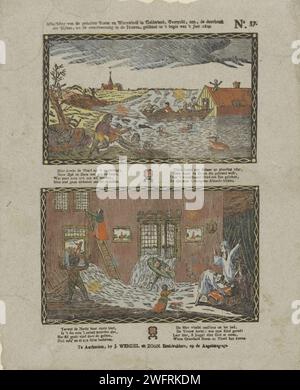 Bild der gewaltigen Sturm- und Wasserflut in Gelderland, Overussel usw., der Durchbruch / der Dyken, und die Überschwemmung in den Häusern, geschah Anfang des Jahres 1809, Johannes Donker, 1819 - nach 1842 Druckblatt mit 2 Aufführungen der Wasserflut in Gelderland und Overysel 1809. Oben: Eine unter Wasser verlaufende Landschaft, in der Menschen vom Dach ihres Hauses gerettet werden. Unten: Ein Blick in einen Innenraum, in dem Wasser durch die Fenster fließt. Unter jedem Bild eine achtzeilige Verse in zwei Spalten. Rechts oben nummeriert: Nr. 37. Druckerei: Netherlandspublisher: Amsterdam Pap Stockfoto