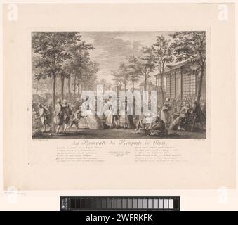 Mode und Eleganz: Die Pariser, Pierre Francois Courtois, nach Augustin de Saint-Aubin, ca. 1761 Männer und Frauen, gekleidet nach französischer Mode von 1760, schlendern auf der Promenade des Remarts in Paris. Rechts eine Firma, die an einem Tisch vor einem Teehaus sitzt. Paris Papierätzung / Gravur Avenue, Boulevard, Promenade, Esplanade. Die Reichen. Kleidung, Kostüm (+ Herrenkleidung). Kleidung, Kostüm (+ Damenkleidung) Paris Stockfoto