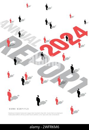 Ein heller Geschäftsbericht des Unternehmens zeigt isometrische Figuren auf weißem Hintergrund mit großer Typografie. Das abstrakte Design suggeriert Stock Vektor