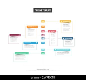 Einfache, vertikale Zeitachsenvorlage mit farbigem Jahr blendet große Titelsymbole und kurze Beschreibungen ab. Zeitlinienvorlage für Mehrzweck-Infocharts Stock Vektor