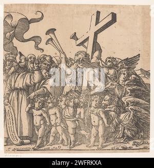 Triumph Christi (vierter Teil), Andrea Andreani, nach Tizian, ca. 1568 - 1629 Druck Teil des Triumphes Christi mit den Evangelisten in Form geflügelter Kreaturen, die den Triumphwagen Christi ziehen. In der Mitte: D. Printmacher: RomeAfter Design von: Italy Paper Angels. Die vier Symbole der Evangelisten, "die apokalyptischen Bestien" Stockfoto