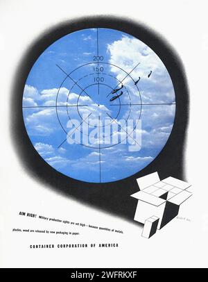 „ZIELEN SIE RICHTIG! Japanische Militärflugzeuge sind dank unserer Metallverpackung alles einfache Ziele.“ Dies ist eine Vintage-Werbung aus den Vereinigten Staaten während des Zweiten Weltkriegs Das Bild hat einen grafischen Stil mit einem blau-weißen Farbschema. Der Hauptfokus des Bildes ist ein blauer Kreis mit einem Ziel und einem japanischen Militärflugzeug in der Mitte. Das Ziel ist weiß mit schwarzen Linien und Zahlen. Das Flugzeug ist schwarz und scheint vom Himmel zu fallen. In der unteren rechten Ecke des Bildes befinden sich weiße Kästchen mit dem Text „Container Corporation of America“ in Schwarz. - Amerikanisch (USA Stockfoto
