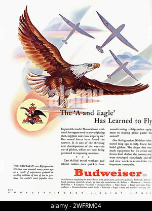 „DIE A UND EAGLE HABEN GELERNT, WIEDER ZU FLIEGEN!“ „BUDWEISER. DER KÖNIG DER BIERE.“ Dies ist eine Vintage-Werbung aus der Zeit des Zweiten Weltkriegs für Budweiser-Bier. Die Anzeige zeigt eine Illustration eines Adlers, der einen rot-weiß gestreiften Schild in den Krallen trägt und über eine bergige Landschaft in Richtung einer Gruppe von Kampfflugzeugen im Hintergrund fliegt. Der Werbetext bewirbt Budweiser als „König der Biere“ und feiert die Verbesserung ihres Brauprozesses. Der grafische Stil des Bildes ist typisch für diese Zeit, mit einem Fokus auf Symbolismus und Patriotismus. Der Adler und Th Stockfoto