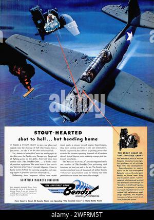 „STOUT-HEARTED shot to Hell… but going Home“ eine Werbung aus dem Zweiten Weltkrieg für die Scintilla Division der Bendix Aviation Corporation, Bilder eines Mannes, der an einem Flugzeugtriebwerk arbeitet, und ein Diagramm des Triebwerks. Der grafische Stil ist typisch für diese Zeit, mit realistischen Illustrationen und fettgedrucktem Text auf blauem Hintergrund. - Amerikanische Werbung, Ära des Zweiten Weltkriegs Stockfoto