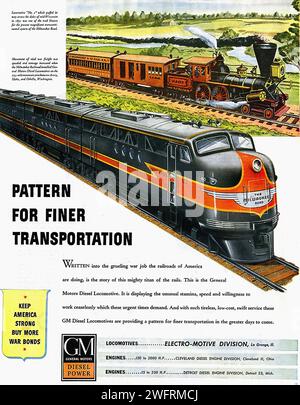 „MUSTER FÜR FEINERE TRANSPORTMITTEL“ „KEEP AMERICA STRONG BUY WAR BONDS“ Dies ist eine Vintage-Werbung aus der Zeit des Zweiten Weltkriegs für GM-Diesellokomotiven. Die Werbung zeigt eine lebendige Illustration einer rot-schwarzen Diesellokomotive mit der Nummer 40, die einen Güterzug auf einer Schiene zieht. Die Kulisse ist ein klarer blauer Himmel mit flauschigen Wolken. Der grafische Stil der Werbung ist typisch für diese Zeit, mit kräftigen Farben und dramatischen Bildern, die die Aufmerksamkeit auf sich ziehen. Die Werbung enthält auch Informationen über GM Diesellokomotiven und deren Spezifikationen und ist f Stockfoto