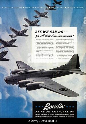 „ALLES, WAS WIR TUN KÖNNEN... FÜR ALL DAS, WAS AMERIKA BEDEUTET!“ Dies ist eine Vintage-Werbung aus der Zeit des Zweiten Weltkriegs für die Bendix Aviation Corporation. Die Werbung zeigt ein auffälliges Schwarz-weiß-Foto einer Flotte von Douglas DC-3 Flugzeugen, ein beliebtes Flugzeug der Zeit, das über einem bewölkten Himmel flog. Das Bild wird auf einem blauen Hintergrund mit einem weißen Textfeld mit schwarzem Text gesetzt, der lautet: „All we CAN do… Für all das, was Amerika bedeutet!“ Im Textfeld werden auch Unternehmen aufgeführt, die Teil der Bendix Aviation Corporation sind. Das Bendix Aviation Corporation Logo, ein weißer Kreis mit einem blauen „B“ Stockfoto