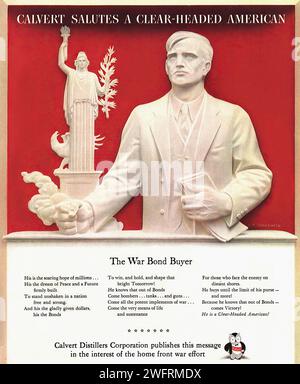 „CALVERT SALUTES A CLEAR-HEAD AMERICAN“ Ein US-Propaganda-Poster aus dem Zweiten Weltkrieg, auf dem ein Mann in einem weißen Anzug mit verschwommenem Gesicht vor einem roten Hintergrund steht. Die Freiheitsstatue ist im Hintergrund zu sehen. Der Text lautet: „CALVERT SALUTES A CLEAR-HEAD AMERICAN“. Das Poster ist in einem für diese Zeit typischen grafischen Stil gestaltet. - Amerikanische Werbung, Ära des Zweiten Weltkriegs Stockfoto