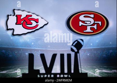 LAS VEGAS, NEVADA, USA, 29. JANUAR 2024: LVIII-Titel für den Super Bowl LVIII, Kansas City Chiefs gegen die San Francisco 49ers im Allegiant Stadium. NFL f Stockfoto