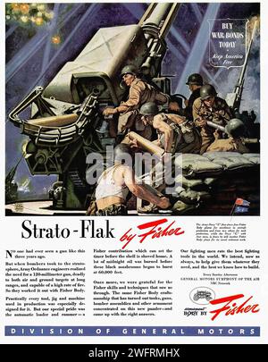 „KAUF HEUTE KRIEGSANLEIHEN halte Amerika stark“ „Strato-Flak by Fisher“ „DIVISION OF GENERAL MOTORS“ „GENERAL MOTORS FISHER AIR DIVISION“ Ein US-Propagandaplakat aus der Zeit des Zweiten Weltkriegs mit einer Gruppe von Soldaten, die eine Strato-Flak-Flugabwehrkanone betreiben. Das Poster ist in einem realistischen Stil mit einem blauen und grauen Farbschema gehalten. - Amerikanische Werbung, Ära des Zweiten Weltkriegs Stockfoto