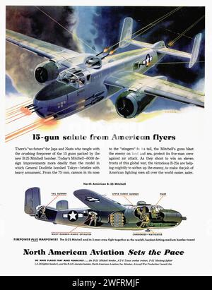 „15-Gun Salute from American Flyers“ Vintage-Propagandaplakat des Zweiten Weltkriegs mit einem nordamerikanischen B-25 Mitchell Bomberflugzeug im Flug mit 15 Gun Salute. Das Poster ist in einem grafischen Stil mit kräftigen Farben und Text vor dem Hintergrund eines dunkelblauen Himmels mit Wolken und Explosionen gehalten. - Amerikanische Werbung, Ära des Zweiten Weltkriegs Stockfoto