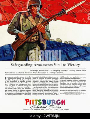 „DIE BEWAHRUNG VON RÜSTUNGEN IST ENTSCHEIDEND FÜR DEN SIEG“ Propagandaplakat aus der Ära des Zweiten Weltkriegs im grafischen Stil mit einem Soldaten, der ein Gewehr vor einem roten Hintergrund mit Panzern und Flugzeugen hält. Der Text „Schutzausrüstung ist lebenswichtig für den Sieg“ ist deutlich zu sehen. - Amerikanische Werbung, Ära des Zweiten Weltkriegs Stockfoto