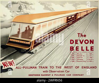 „The DEVON BELLE“ und „NEW! EIN ALL-PULLMAN-ZUG IN DEN WESTEN ENGLANDS mit dem „Observation Car“, Einem Oldtimer-Bahnposter, das die Devon Belle mit einem eleganten Zug und stilisierten Wolken bewirbt. Stockfoto