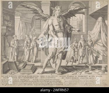 Der Arzt als Teufel, Johann Gelle, nach Egbert van Panderen, 1630–1684, druckte Einen Teufel in der Mitte. Die Instrumente der Medizin sind um ihn herum. Im Hintergrund das Innere eines Hauses. Links und rechts verlangen, dass zwei Ärzte für ihre Dienste bezahlt werden. Dies wird jedoch abgelehnt. Wenn ein kranker Mensch vollständig geheilt ist, gilt ein Arzt als Teufel für Geld. Der Druck hat eine lateinische, deutsche und niederländische Unterschrift und ist Teil einer vierteiligen Serie über die Formen des Arztes. Druckerei: Antwerpener: Amsterdamer Papierstich mit menschlichem Teufel. Ärztliche Untersuchung, ärztliche Behandlung ( Stockfoto