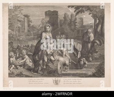 Heilige Familie mit Johannes de Boper, einem Lamm, anderen Kindern und Putti, Pieter van der Banck, nach Sébastien Bourdon, 1669–1693 Druck Text in lateinischer Sprache am unteren Rand. Verlag: ParisFrance Papierstich Heilige Familie mit Johannes dem Täufer (als Kind) Stockfoto