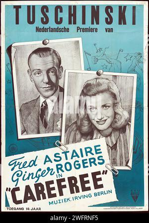 „TUSCHINSKI Nederlandsche Premiere van Fred Astaire Ginger Rogers in „CAREFREE“ MUZIEK: IRVING BERLIN“, was in „TUSCHINSKI Dutch Premiere von Fred Astaire Ginger Rogers in „CAREFREE“ MUSIC: IRVING BERLIN“ übersetzt wird. Dieses Bild zeigt Porträts von Fred Astaire und Ginger Rogers, die für die niederländische Premiere des Films „Carefree“ werben. Der Stil ist detailliert und realistisch, wie er in der Kinowerbung der damaligen Zeit üblich ist. Stockfoto