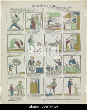 De Buitenkermis, 1800 - 1833 Print Blatt mit 16 Festspielszenen, darunter Darstellungen eines tanzenden Affen, eines flexiblen Mannes und Hunde, die Tricks machen können. Unter jedem Bild ein Zweiwege-Vers auf Niederländisch und auf Französisch, über einem vierzeiligen Vers auf Niederländisch und auf Französisch in zwei Spalten. In der Mitte nummeriert: Nr. 80. Turnwood Papier Buchdruck Zirkustiere. akrobat  Zirkus. Bären (Zirkusvorführung). Vergnügungsmarkt und Zirkus. Zirkusvorführung mit ausgebildeten Tieren (Affen, Elefanten, Bären, Löwen und Tiger, Pferde, Hunde, Delfine, Robben, Flöhe) Stockfoto