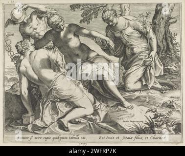 Mercurius en de gratiën, Agostino Carracci, nach Jacopo Tintoretto, 1589 Druck Mercury steht hinter den drei Gnaden in einer Landschaft. Die drei Gnaden sind an ihren Attributen erkennbar: Einem Würfel, einer Rose und einem Zweig von Mirte. Druckerei: Italien Malerei von: Venedig Papierstich (Geschichte von) Mercury (Hermes). Graces (Charites), in der Regel drei; „Gratie“ (Ripa) Stockfoto