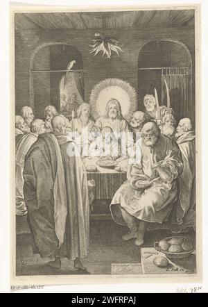 Letztes Abendmahl, Nicolaes de Bruyn, 1618 Druck Christus verwendet das letzte Abendmahl mit seinen Jüngern. Niederlande Papierstich Letztes Abendmahl (im Allgemeinen) (Matthäus 26:21-35; Markus 14:18-31; Lukas 22:3, 22:15-23; Johannes 13:21-38) Stockfoto