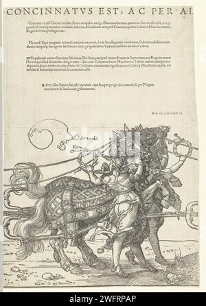 Triumphwagen von Kaiser Maximilian I., Hans Guldenmund, nach Albrecht Dürer, 1545 der große Triumphwagen zu Ehren Kaiser Maximilians I. nach seinem Tod am 12. Januar 1519. Siebtes Blatt mit den Pferden der fünften Spanne mit Audatia und Magnanimitas. Druckerei: DeutschlandVerlag: Antwerpener Papier Buchdruck Wagen, Triumphwagen Stockfoto