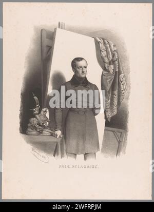 Portret van Paul Delaroche, Charles Baugniet, 1837 Druck Paris Papier historische Personen. Erwachsener Mann. Der Krieger-Märtyrer George (Georgius); mögliche Attribute: Banner (rotes Kreuz auf weißem Feld), (rotes) Kreuz, Drache, (weißes) Pferd, gebrochene Lanze, Schild (mit Kreuz), Schwert. Werkzeuge, Arbeitsgeräte des Malers. Porträt, Selbstporträt des Malers Stockfoto