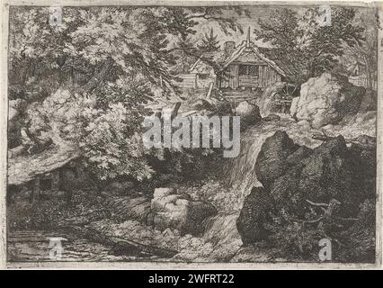 Wassermühle in der Nähe eines Wasserfalls, Allaert van Everdingen, 1631 - 1675 Drucken Blick auf einen Wasserfall mit einer Wassermühle an der Spitze. Auf dem Weg entlang des Wassers steht ein Mann auf einem Baumstamm. Niederlande Papierätzung Wasserfall Stockfoto