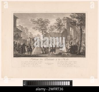 Mode und Eleganz: Die Pariser, Pierre Francois Courtois, nach Augustin de Saint-Aubin, 1746 - 1755 elegantes Unternehmen auf einem Pariser Stadtplatz, wo man „Tout Paris“, gekleidet nach der neuesten Mode, bewundern kann. Die Damen und Herren sind nach der französischen Mode von ca. 1760 gekleidet. Mit Unterschrift, in der diese Eleganz verspottet wird. Auf der linken Seite ein Straßentheater. Das Publikum, das sich selbst unterhält, gehört zu einer anderen Bevölkerungsgruppe. Paris Papier ätzt / graviert die Reichen. Kleidung, Kostüm (+ Herrenkleidung). Kleidung, Kostüm (+ Damenkleidung). Vierräder, Stockfoto