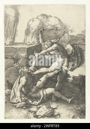 Cain tötet Abel, Lucas van Leyden, 1529 Druck Kain mit Knochen in einem Kampf mit Abel, der auf dem Boden liegt. Zwei Feuer brennen auf einem Felsen. Niederländisches Papier, in dem die Tötung von Abel graviert wird: Kain tötet ihn mit einem Stein, einem Schläger oder einem Kieferknochen, alternativ mit einem Spaten oder einem anderen Werkzeug als Waffe Stockfoto