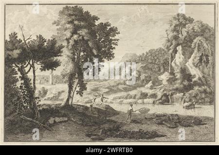 Arkadische Flusslandschaft mit Fischern, Adolf van der Laan, nach Johannes Glaber, 1710 – 1747 Druck arkadische Flusslandschaft mit drei Fischern, eine vierte Figur beobachtet am Ufer. Der Druck ist Teil einer 40-teiligen Druckserie mit Aufführungen italienischer und deutscher Landschaften. Amsterdam Papier, das Landschaften mit Wasser, Wasserlandschaften und Meereslandschaften (in der gemäßigten Zone) graviert. fischer. Wasserfall Stockfoto