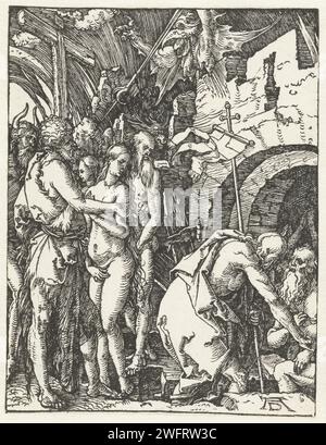 Abstieg ins Borrosen, Albrecht Dürer, 1509 Druck Christus befreit Seelen von den Vorgelangweilten. Dieser Druck ist Teil der Presseserie „de kleine Passie“, die aus einem Titeldruck und 36 biblischen Szenen (hauptsächlich aus der leidenden Geschichte) besteht. Nürnberger Zeitung Christus verlässt die Hölle: Er befreit Patriarchen, Propheten, Könige und andere Personen aus der Hölle, darunter Adam, Eva, Mose, David, und Johannes der Täufer Stockfoto