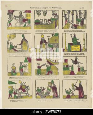 Das Leben und die Kompanien der Sint Nicolaas, 1856 - 1900 Druckblatt mit 12 Aufführungen über das Leben der Sint Nicolaas. Unter jedem Bild ein zwei-Wege-Vers. Rechts oben nummeriert: N 111. Turnwood Papier Buchdruck Festlichkeiten auf St. Nicholas (Eva) (5. Dezember). Der Bischof Nikolaus von Myra (oder Bari); mögliche Attribute: Anker, Boot, drei goldene Kugeln (auf einem Buch), drei Geldbörsen, drei Kinder in einer Badewanne, drei Mädchen Stockfoto